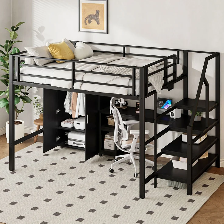 EINHOM Hochbett, 140 x 200 cm, Kleiderschrank, Regale, Ablageleiter, Schreibtisch, Schwarz (Ohne Matratze) – Bild 3