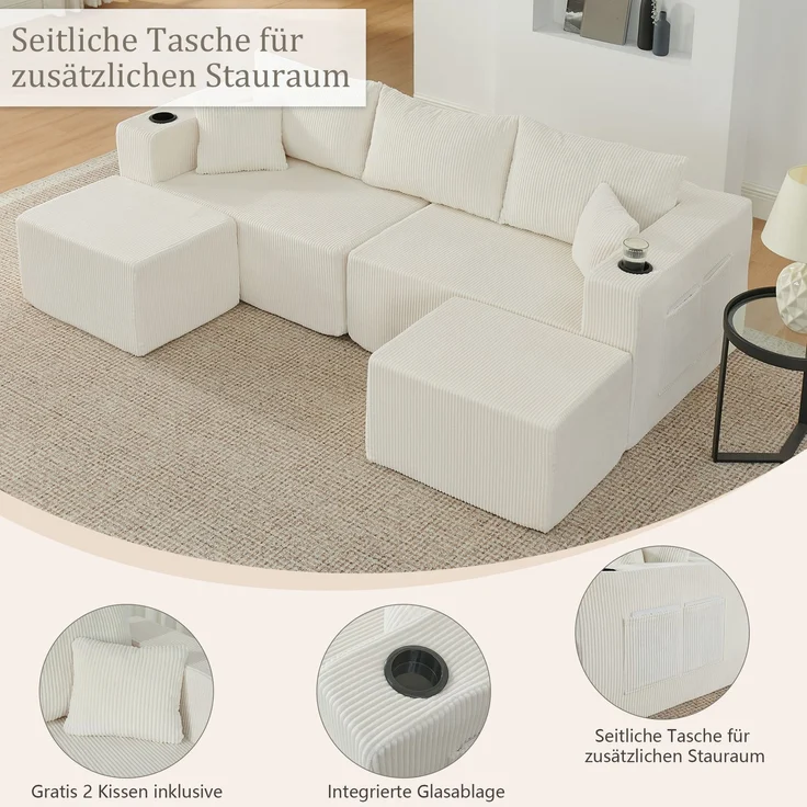 EINHOM 3-Sitzer modulares Ecksofa, komprimiertes L-Form Sofa mit beweglichen Ottomanen, weicher Cordstoff, Getränkehalter, Seitentasche und Kissen, geeignet für Wohnzimmer, Hotels und Mietwohnungen, Beige – Bild 4