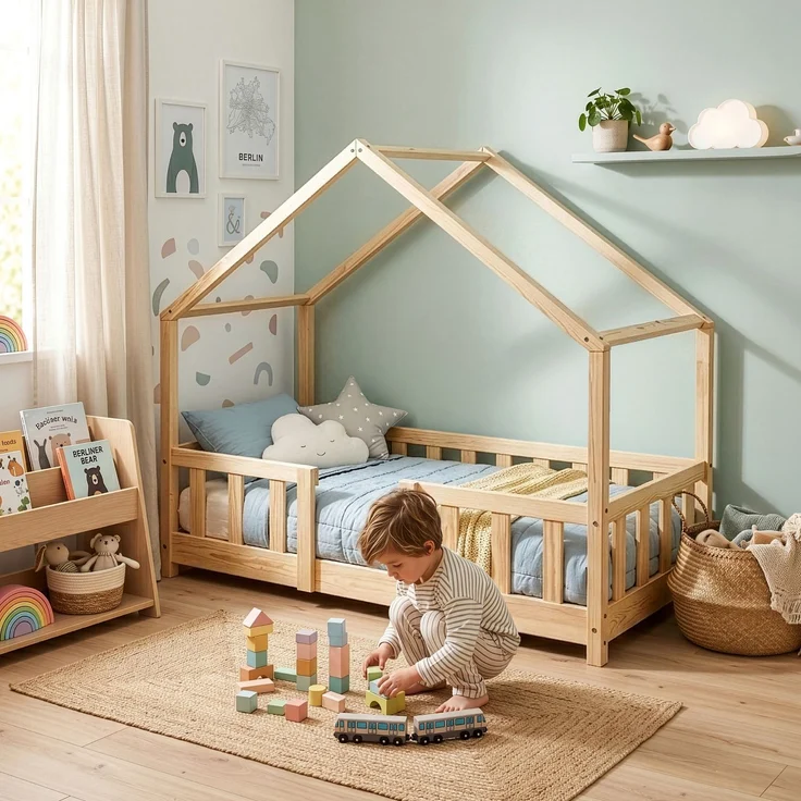 en.casa Hausbett aus Kiefernholz mit Rausfallschutz und Lattenrost 70x140 cm, natur – Bild 3