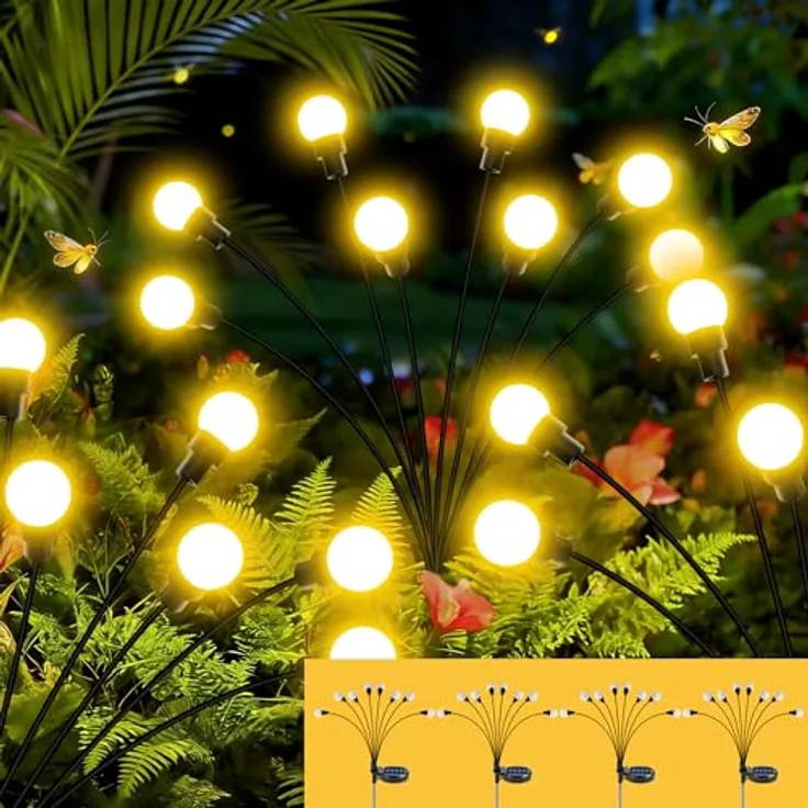 Foumteex Solarlampen für Außen Garten, 4 Stück Solar Glühwürmchen mit 8 LED und IP65 Wasserdichtigkeit, warmweiß, 8 Lichtmodi, höhenverstellbar, ideal für Garten, Wege und Terrassen