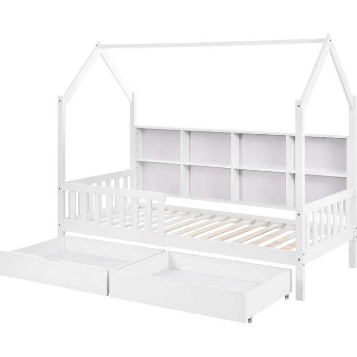 Merax Hausbett 90x200cm Kinderbett mit Mehrzweck-Bücherregal-Speichergitter-Kabinett Ablageregal und zwei großen Schubladen mit Stauraum und Kaminform, Weiß – Bild 9