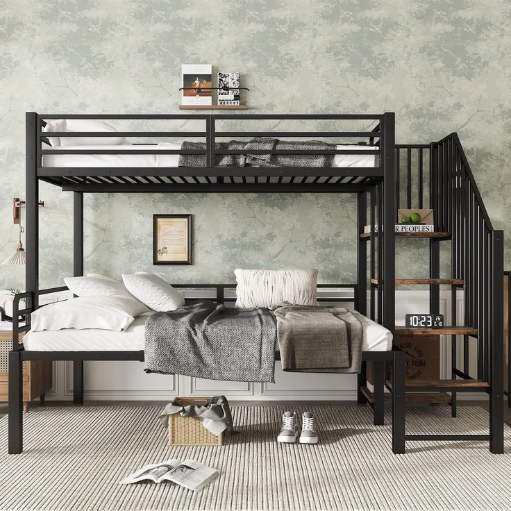 EINHOM Eisenbett, Etagenbett, Geeignet für Kinder und Jugendliche, Eckleiterschrank mit Stauraum, Eisen+MDF, Schwarz+Vintage-Holzfarbe, 90 x 200 Cm&120 x 200 cm (Ohne Matratze) – Bild 3