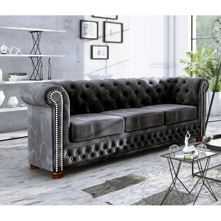 S-Style Möbel Chesterfield-Sofa Leeds 3-Sitzer aus Samt-Stoff mit Holzfüßen, mit Wellenfederung – Bild 5