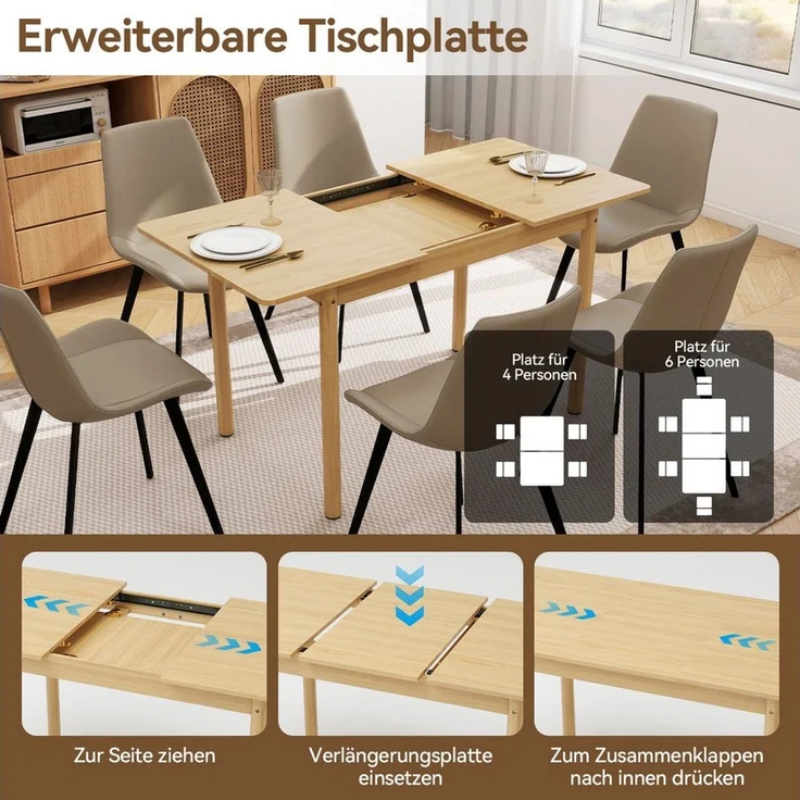 Puluomis Esstisch ausziehbar Massivholz mit Stauraum, 105-145cm verstellbar (für 2-6 Personen, 120kg tragfähig für Wohnzimmer Esszimmer natur) – Bild 4