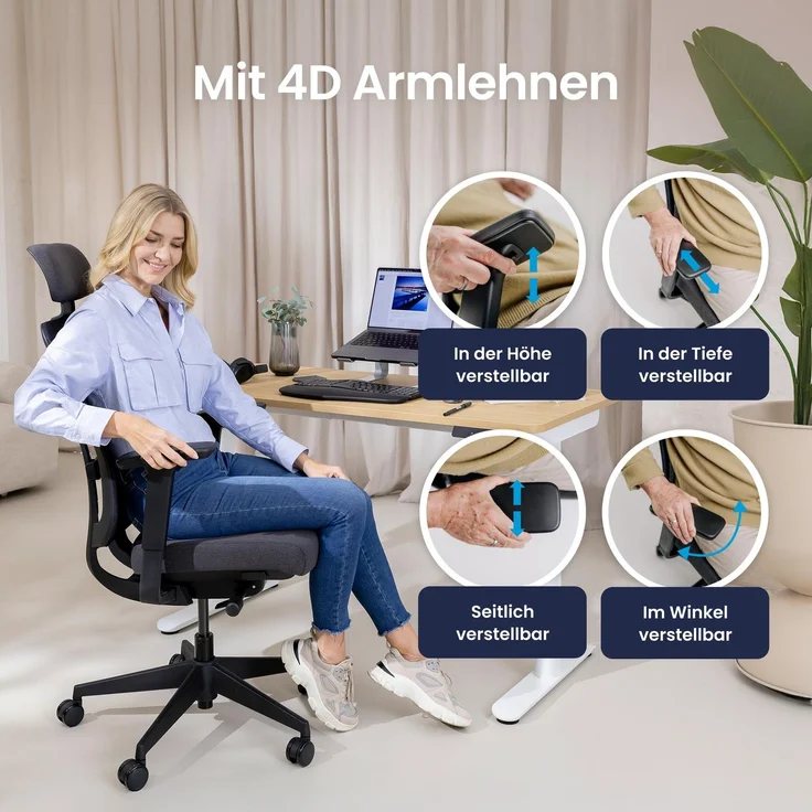 Ergotopia 'PureBack' ergonomischer Bürostuhl mit Lordosenstütze & 4D-Armlehne, Schwarz, mit Kopfstütze – Bild 6