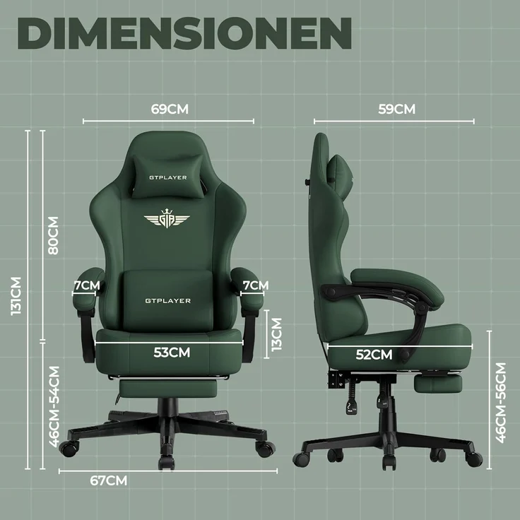 GTPLAYER Gaming-Stuhl Atmungsaktiver Bürostuhl, ergonomisch Hochwertiger - Stoff/Kunstleder, 160° Verstellbare Rückenlehne und ausziehbare Fußstütze – Bild 3