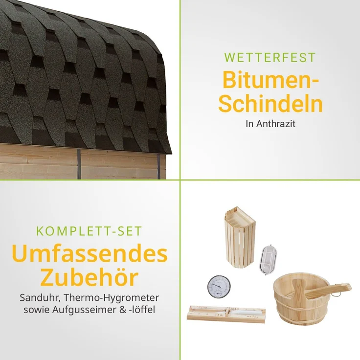 Artsauna Fasssauna Nolvik XL, Outdoor-Sauna aus Fichtenholz, 8 kW Ofen, LED, Komplettset mit Sanduhr, Eimer & Thermometer, winterfest, Cube Design – Bild 6