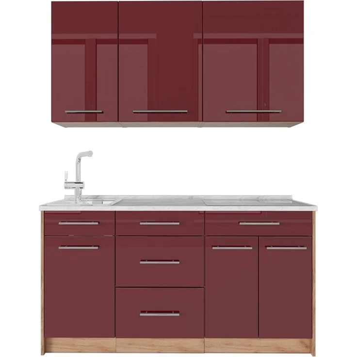 Singleküche Fame-Line Bordeaux Hochglanz/Goldkraft Eiche 150 cm, AP Marmor Vicco – Bild 1