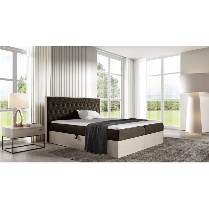 Boxspringbett Bett BROMIA 140x200 cm Nordic Teak Stoff Braun inkl. Bettkasten