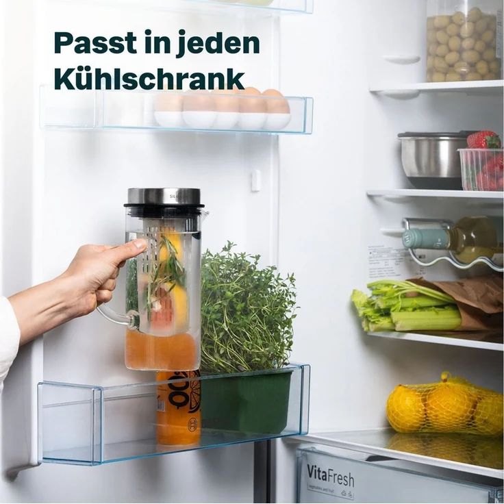 SILBERTHAL Wasserkaraffe 2er Set 1 Liter Glaskaraffe mit Fruchtsieb und Deckel, (2-tlg), für Kalt- & Heißgetränke – Bild 3