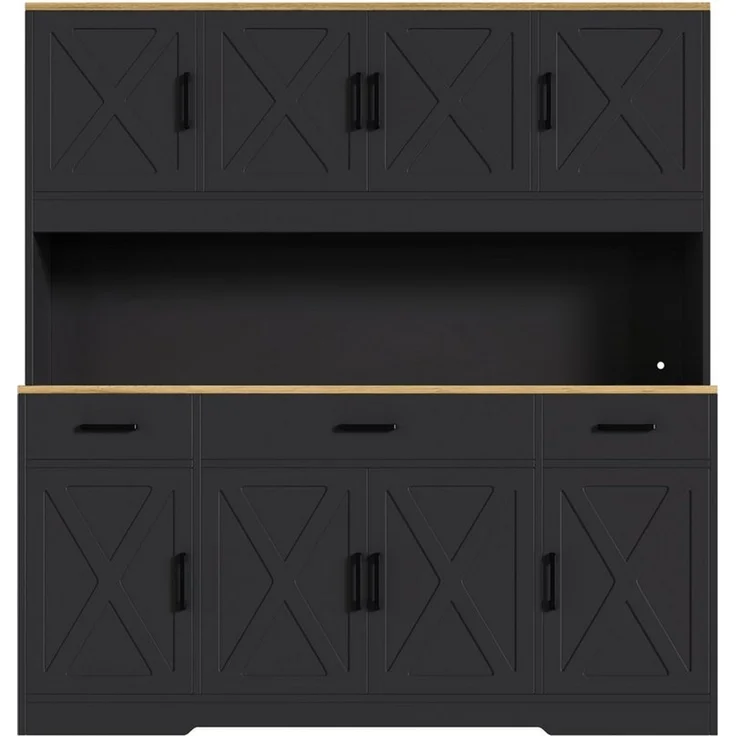 Flieks Küchenbuffet Hochschrank mit Arbeitsplatte Natur, Steckdose, Gläserhalter, LED (B150xT40xH180 cm, 1-St, Multifunktionsschrank mit Lichtstreifen, Ladenfunktion) Mehrzweckschrank Küchenschrank mit verstellbarer Ablagen Schwarz – Bild 4