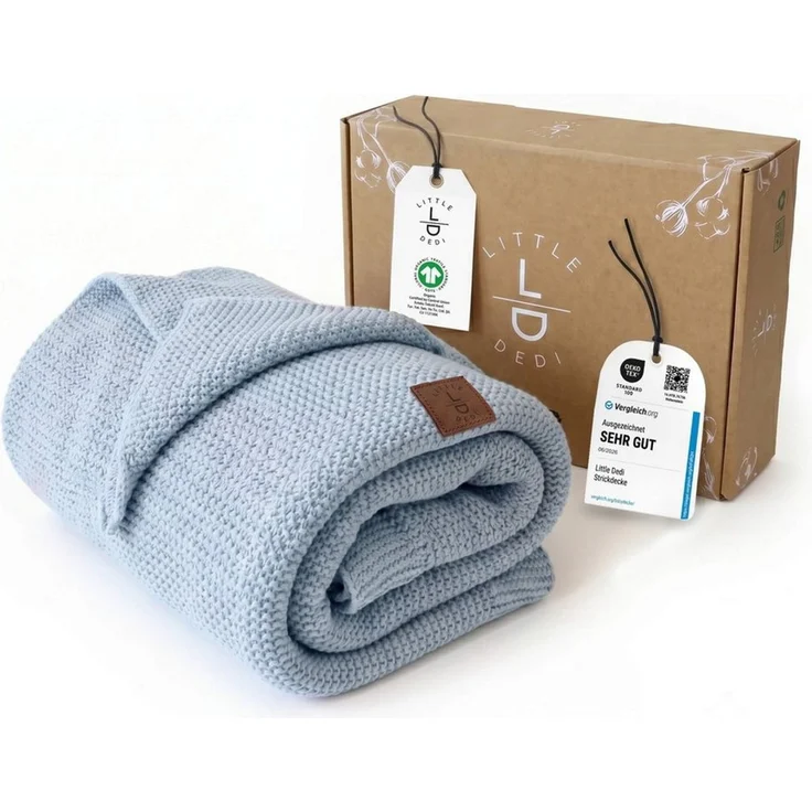 Babydecke Baby Strickdecke, %100 Bio Baumwolle, Atmungsaktiv, 80x100cm, Babyblau, Little Dedi – Bild 1