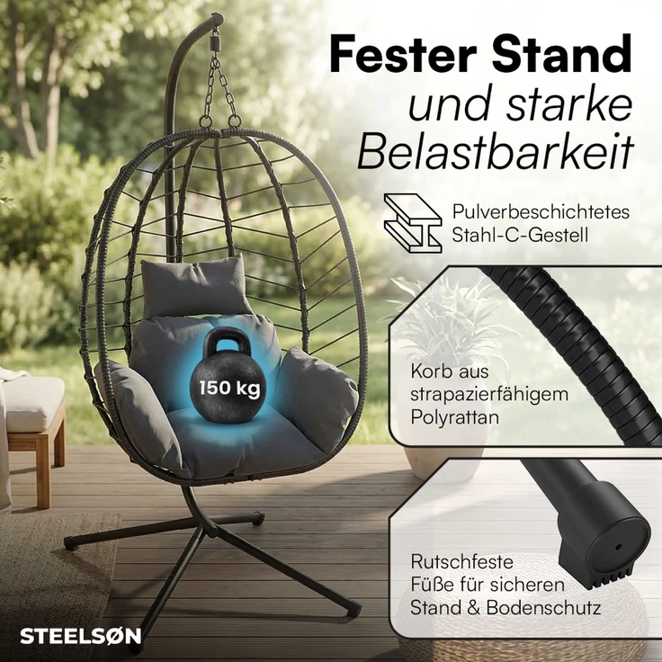 STEELSØN 'Alarian' Hängesessel mit Metallgestell, höhenverstellbar und faltbar, wetterfest, Polyrattan, dunkelgrau/schwarz, bis 150 kg belastbar, inkl. Kissen – Bild 3