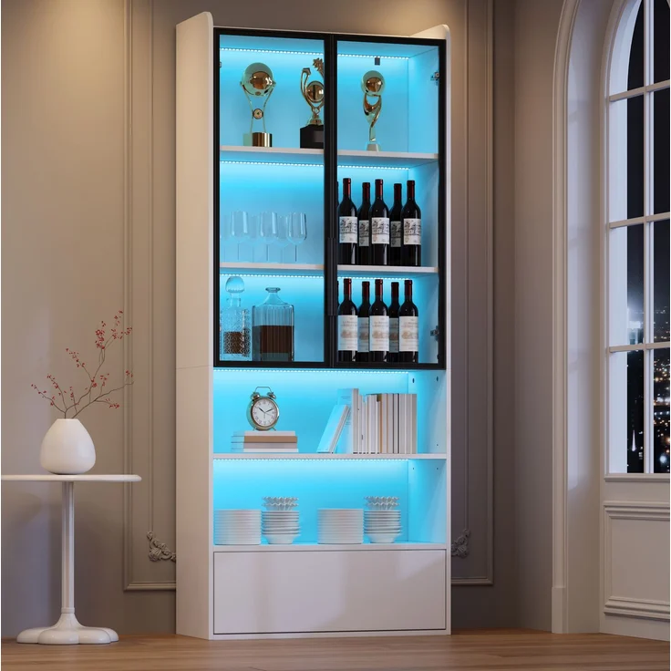 Vitrine 80 x 34 x 180 cm in Weiß mit Glastür, Schublade und LED-Beleuchtung – Bild 4