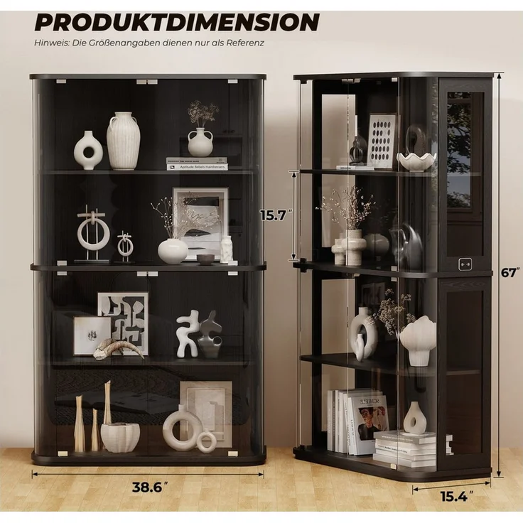 BROTTAR Standvitrine Große, runde Vitrine mit dreifarbiger Beleuchtung & Bewegungssensoren (1-St) mit zwei Acryl-Seitentüren und vier Regalböden – Bild 4