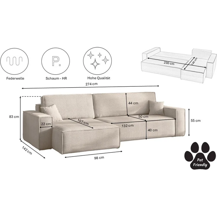 Kaiser Möbel Ecksofa mit schlaffunktion und bettkasten, Eckcouch BEST XL stoff Poso, Mit Bettfunktion und Bettzeugfach – Bild 2