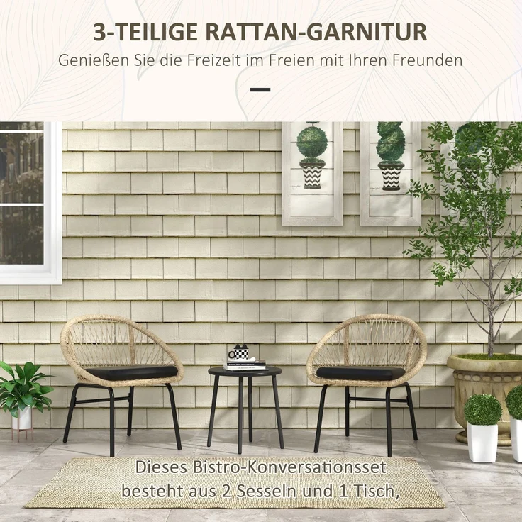 Flieks Gartenmöbel Set 3-tlg mit 2 Stühlen, Couchtisch & Kissen, Outdoor Balkonmöbel Set für 2 Personen, Rattan, Hellbraun – Bild 4