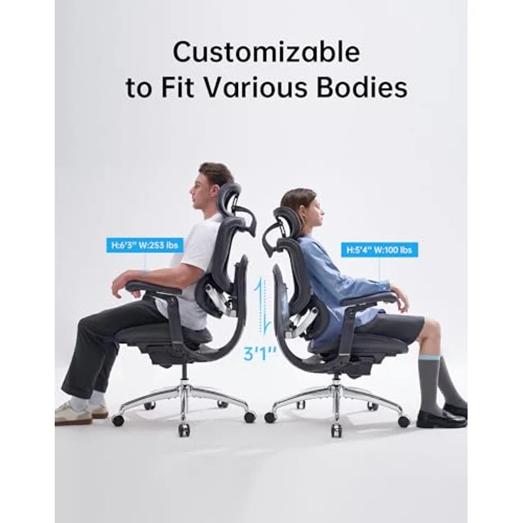 SIHOO Doro C300 V2, Ergonomischer Bürostuhl mit Netzbezug, 8D-Armlehnen, drehbarer Lendenwirbelstütze, 3D-Kopfstütze, Sitztiefenverstellung, Neigungsmechanismus, schwarz – Bild 4