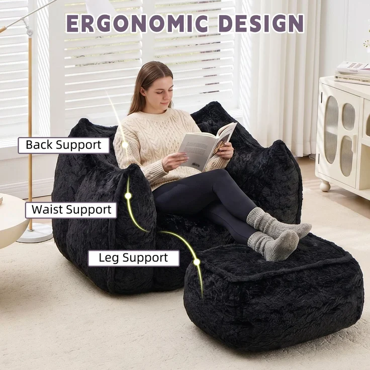 Riesiger Sitzsack für Erwachsene und Kinder, Sitzsack-Sofa mit Kunstfellbezug, Kissen und Hocker, bequemes Lese- und Spielsofa für Schlaf- und Wohnzimmer, Schwarz--Schwarz--123x157x73cm--YOUDENOVA – Bild 5
