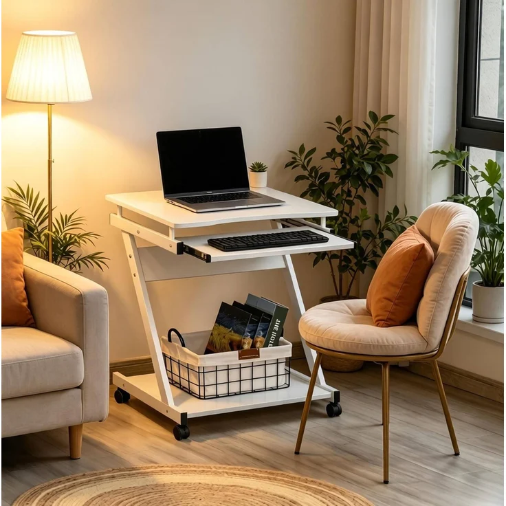 Computerschreibtisch mit Tastaturauszug & Rollen, 60x48x73 cm, Weiß – Bild 1