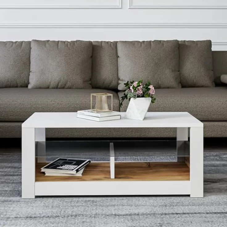 Modern Coffee Table with Glass Shelf, White & Oak, 90 x 37 x 45 cm | 100% Melamine Coated Particle Board, 18 mm Thick | Wall-Mountable, Stylish Design – Bild 4