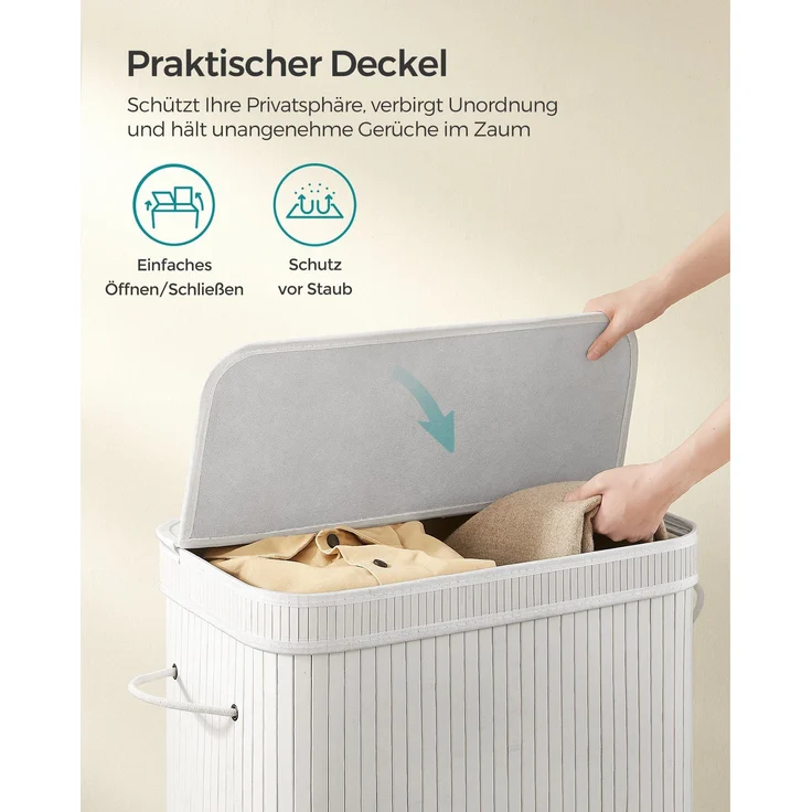 Songmics Wäschekorb mit Deckel, Wäschesammler Bambus, Wäschesack herausnehmbar und maschinenwaschbar, mit Griffen, 100 Liter, für Waschküche, Schlafzimmer, Wohnzimmer, weiß – Bild 2