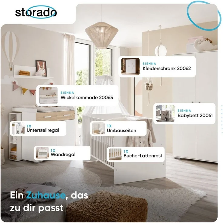 Storado Babymöbel-Set Sienna 7-teilig 70×140cm, Kinderzimmer-Set, Farbe wählbar, Mitwachsendes Babybett, Wickelkommode und geräumiger Schrank – Bild 3