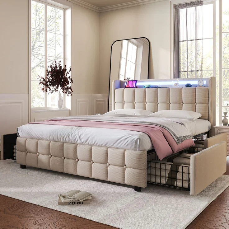 Einzelbett 160 × 200 cm mit Steckdosen,USB-Anschlüssen und LED-Beleuchtung,4 Schubladen,Leinenbezug in Beige,inklusive Matratze – Bild 3