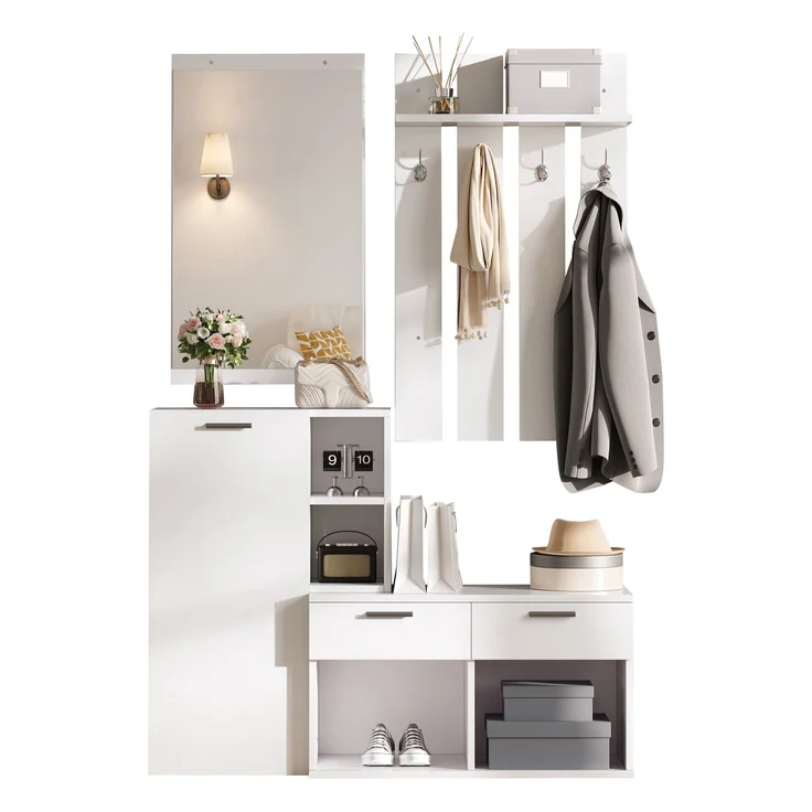 Garderobe im Flur,Garderobenständer für den Eingangsbereich, inklusive Schuhschrank, Spiegel und Kleiderhaken, Kompaktgarderobe mit 2 Schubladen,für Flur Eingangsbereich, Weiß,120x35x175.5cm – Bild 8