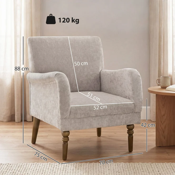 Wohnora-Lounge-Sessel, 1-Sitzer-Sofa mit hoher Rückenlehne, Armlehnen, breiter Sitzfläche, Beinen aus Gummibaumholz, Leinenbezug, grau,H 88cm x T 75cm x B 70cm – Bild 3