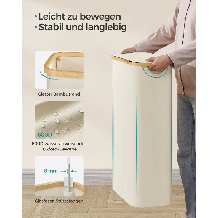 SONGMICS Wäschekorb mit Deckel und herausnehmbarem Wäschesack, zusammenklappbar, Bambus / Oxford-Gewebe cremeweiß, 65 l – Bild 3