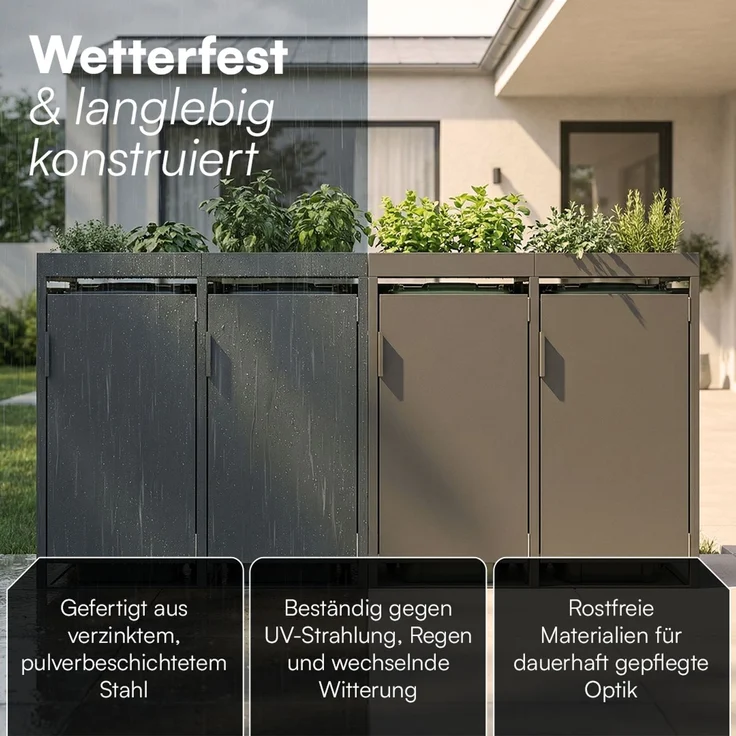 STEELSØN 'Thoria' Mülltonnenbox 4er je 240 Liter, anthrazit, Mülltonnenverkleidung aus Stahl, wetterfest, 125x80x268 cm, Müllbox mit Pflanzendach für 4 Tonnen – Bild 4