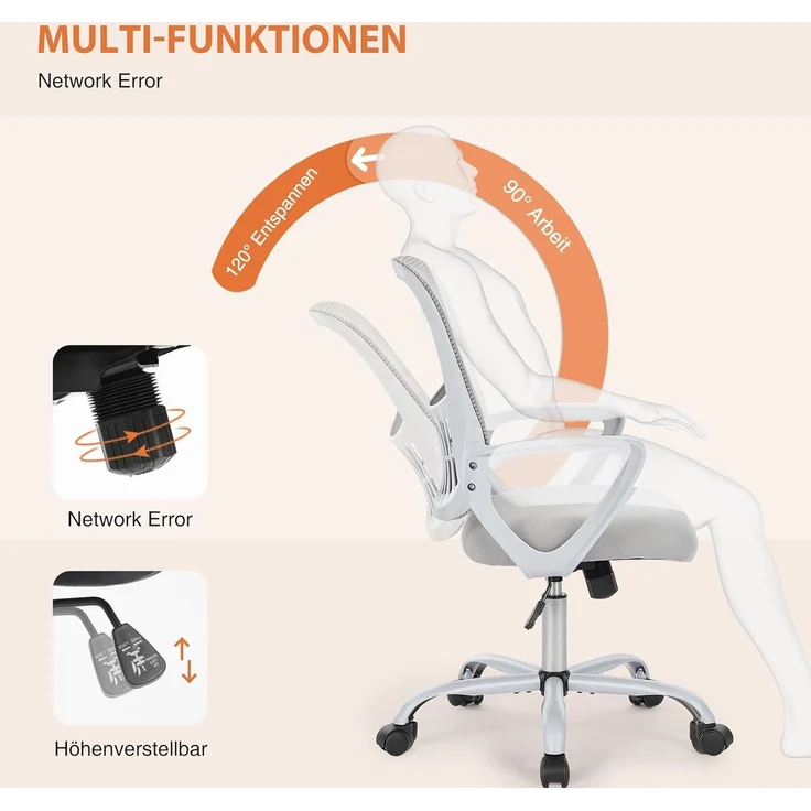 Sweetcrispy Bürostuhl Ergonomisch, Schreibtischstuhl mit Lendenwirbelstütze, Verstellbaren Armlehnen Drehstuhl, Höhenverstellbarer Office Chair, Bürostühle Geeignet für Büro und Schlafzimmer (Grau) – Bild 5