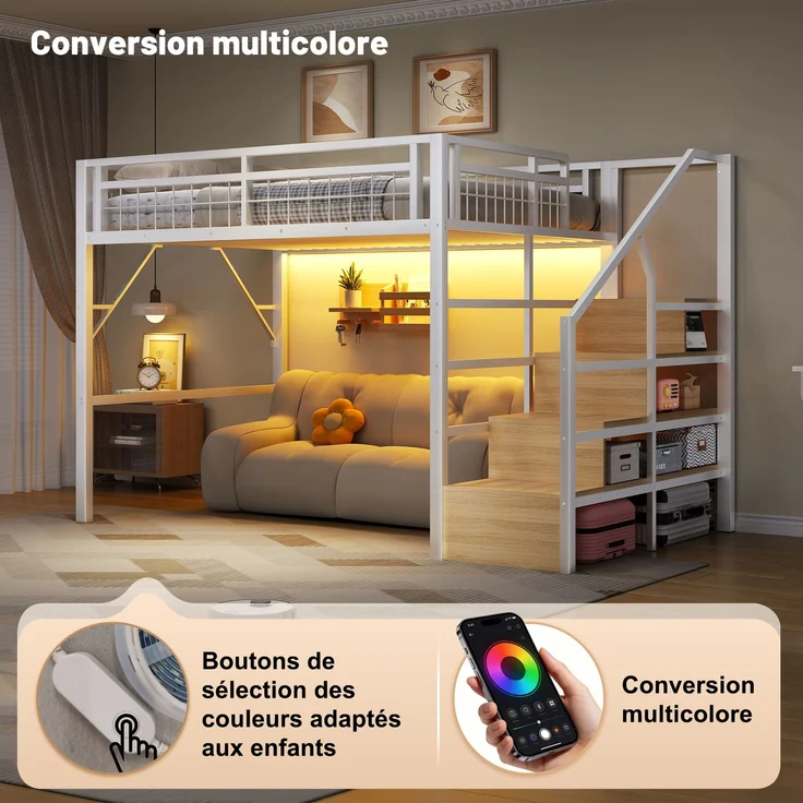 U-life Hochbett 140x200 cm, Eisenrahmen, LED-Beleuchtung, Treppenkonstruktionen, Freier, Metall, Weiß – Bild 2