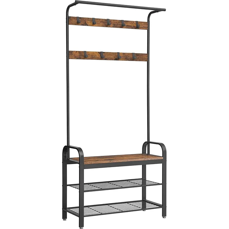 Garderobenständer, Freistehender Flurbaum, Garderobenständer mit abnehmbaren Haken, Sitzbank und Schuhregal, Höhe 183 cm