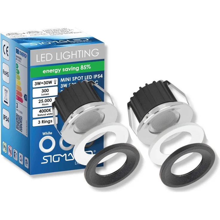 SIGMALED LIGHTING, Mini-LED-Einbaustrahler 3W, Spritzwassergeschützt für den Außenbereich, dimmbar, Neutralweiß 4000K, 300 Lumen, IP54 Runde Einbauspot, 220V / 230V AC, 2er-Pack (1 Box mit 2 Stuck)
