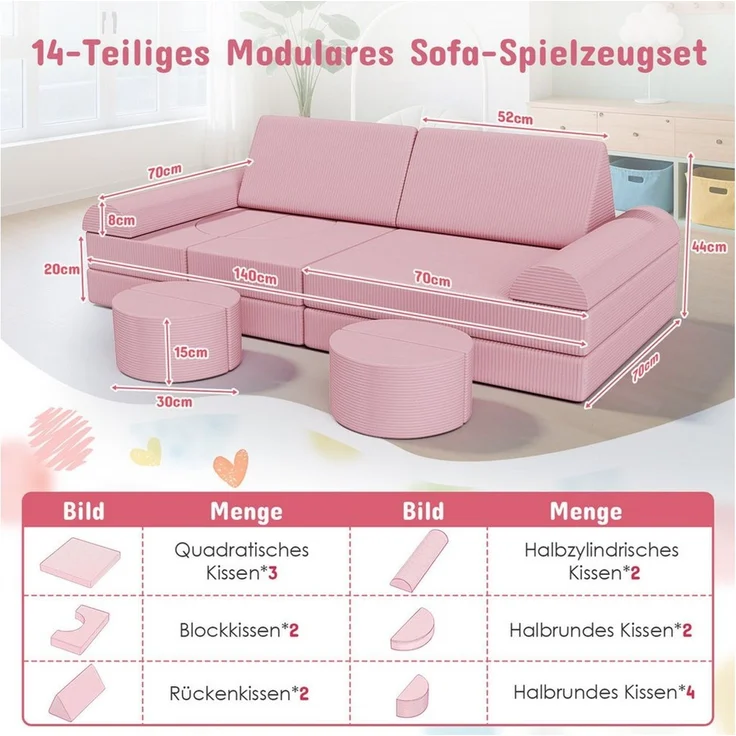 TLGREEN Kindersofa 15-teiliges modulares Kinderspielsofa aus Schaumstoff, abnehmbarer waschbarer Bezug, kinderfreundlich ohne scharfe Kanten, kreative Kuschelecke für Kinderzimmer & Kindergarten – Bild 2