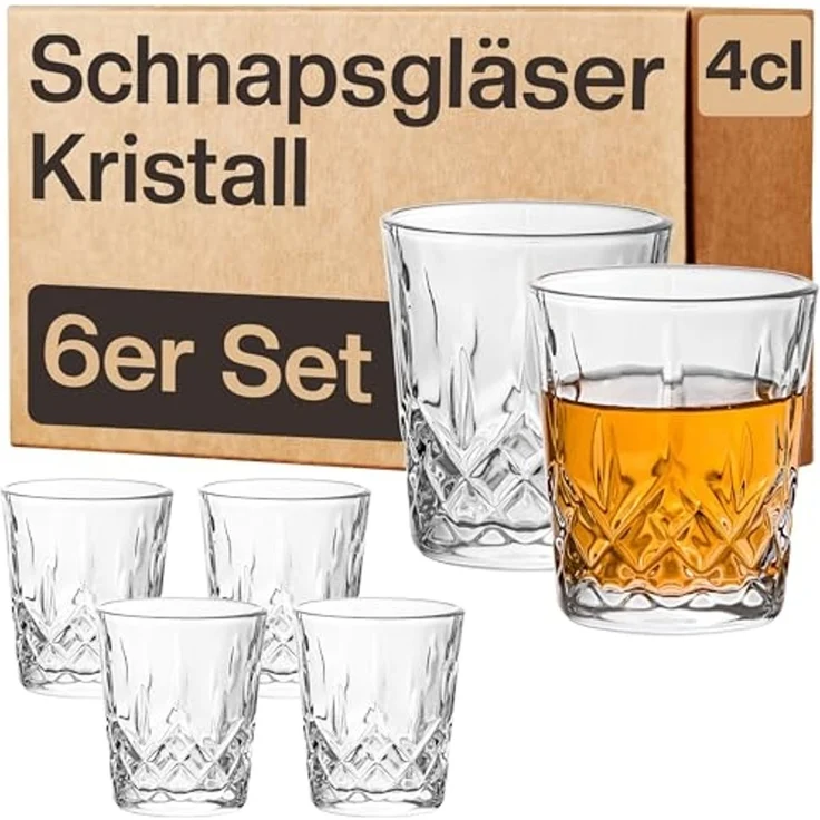 Praknu Schnapsglas 6 Schnapsgläser Kristall 4cl Whiskygläser Set, Kristallglas, Spülmaschinenfest - Standfest dank dickem Boden - Vintage Design – Bild 1