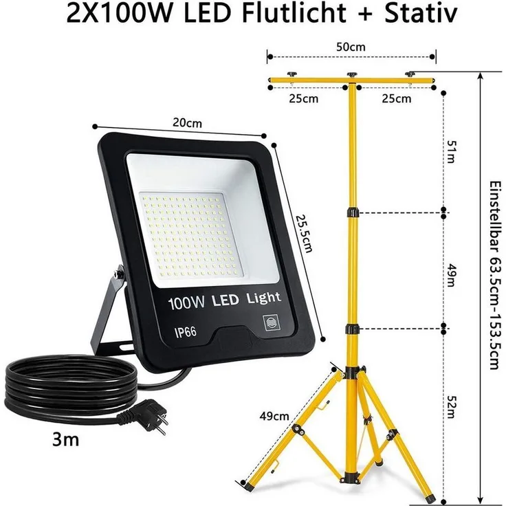 FIVMEN LED Flutlichtstrahler LED Baustrahler 2x100W LED Fluter Strahler mit Stativ und 3M Kabel, für Innen-und Außenbereich, Garage, Baustelle, Sportplatz