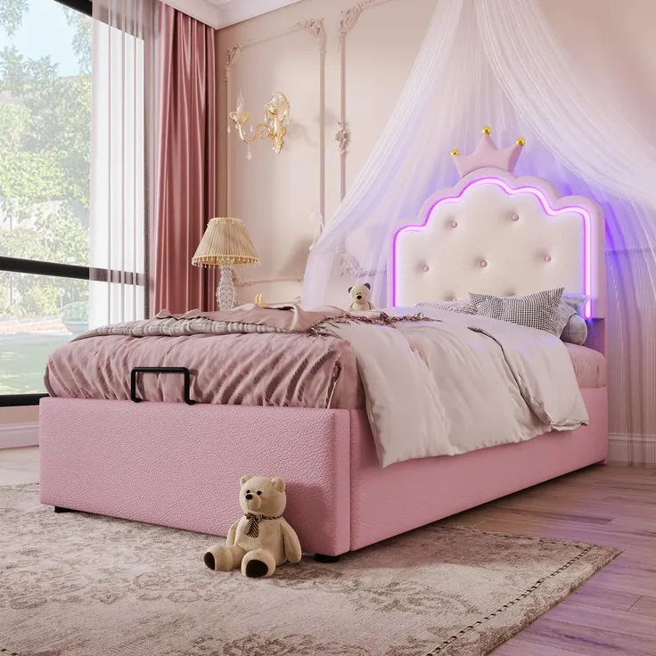 Prinzessinbett mit Stauraum und LED-Beleuchtung, 90x200 cm, Mädchenbett, Polsterbett für Mädchen, Einzelbett, Kunstleder – Bild 2