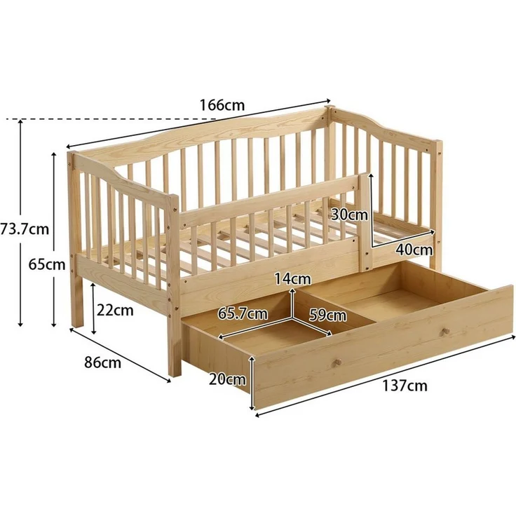 LEADZM Kinderbett mit Schubladen 70x140 / 80x160 / 90x200cm, Hausbett mit Lattenrost, Bodenbett mit Stauraum und Abnehmbarer Barriere, Naturbelassen – Bild 2