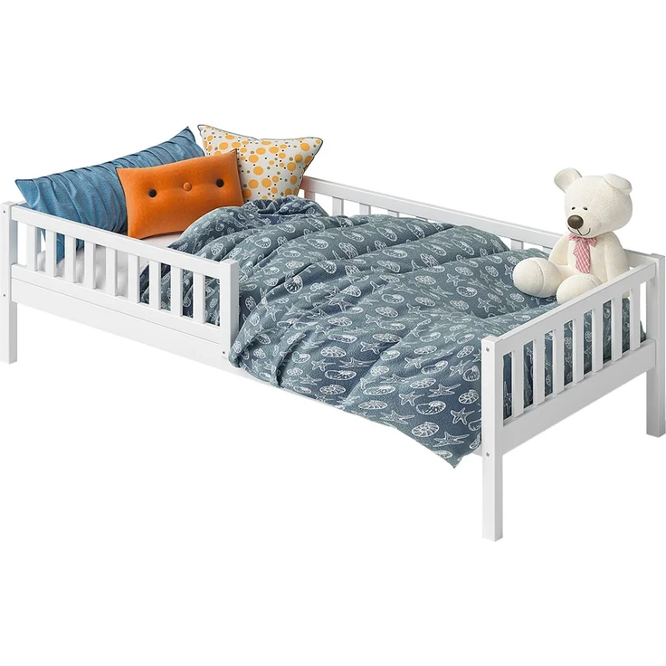 Bellabino 'Vils' Kinderbett 90x200 cm mit Matratze, weiß, Kiefer Massivholz, Montessori Bett mit Lattenrost und mit abnehmbarem Rausfallschutz – Bild 10