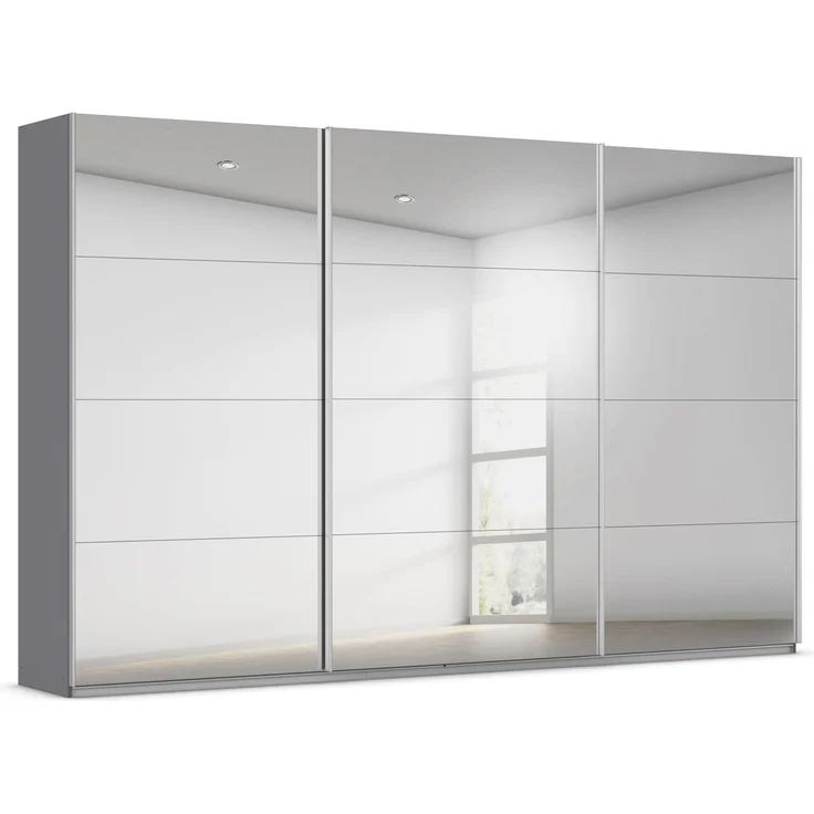 Rauch Möbel Kulmbach, Kleiderschrank mit Schwebetüren für Schlafzimmer, Kinderzimmer, Jugendzimmer, Garderobe, Flur, 3-türig, mit Spiegel, Zubehör Basic, Farbe Grau metallic, Schwarz, Breite 360 cm