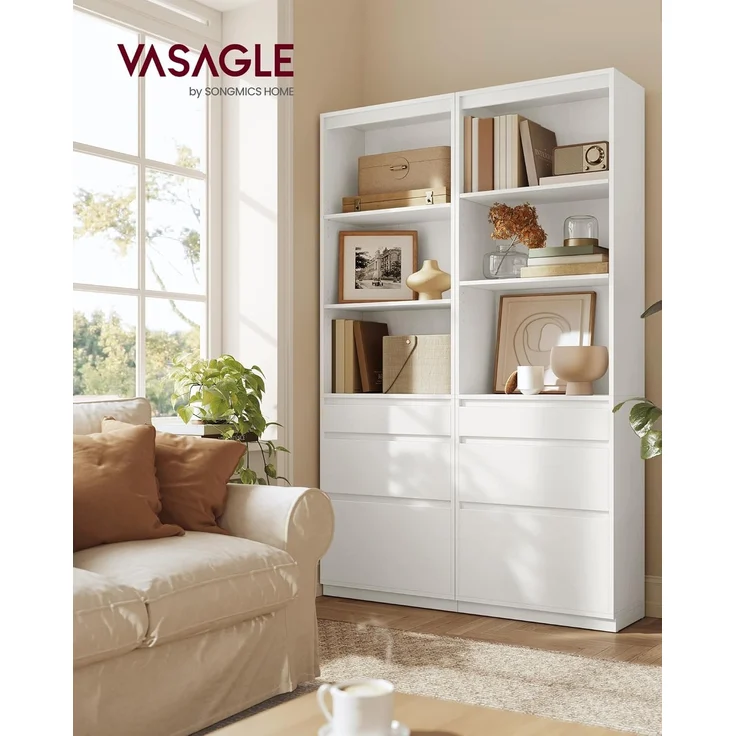 VASAGLE Bücherregal, Hochschrank, 3 unterschiedlich große Schubladen, verstellbare Ablagen, 180 cm hoch, für Wohnzimmer Schlafzimmer Arbeitszimmer, modern, platzsparend, schneeweiß LBC188W01 – Bild 2