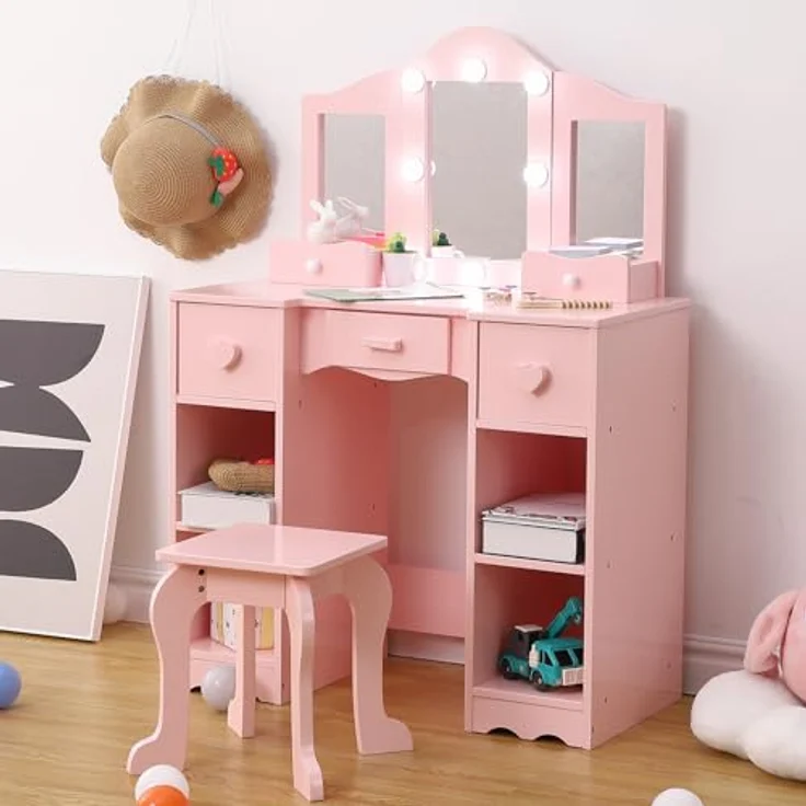 GarveeLife Schminktisch für Kinder, Schminktisch mit Hocker, 3 LED-Spiegel und 5 Schubladen, Schminktisch aus Holz für kleine Mädchen von 3 bis 6 Jahren – 70 x 34 x 100 cm, Rosa – Bild 4