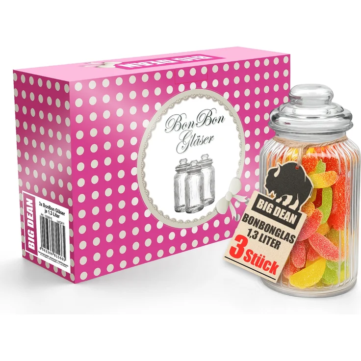 BigDean Bonbonglas 3x 1300ml Bonboniere Bonbonglas mit Deckel in Geschenkbox Vorratsgläser Spülmaschinfest Candy Bar Gläser – Bild 1