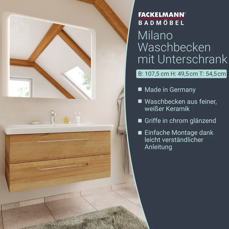 FACKELMANN MILANO Waschbecken mit Unterschrank 107 cm breit, Braun hell, Waschbecken Keramik Weiß – Bild 2