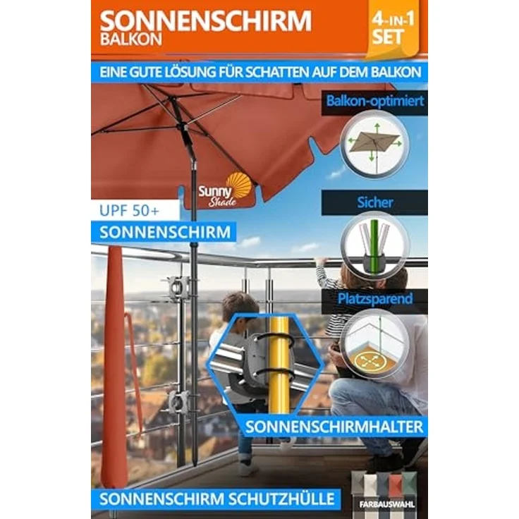 4smile Sonnenschirm Balkon SunnyShade, 200x125 cm, Orange - UPF 50+ Sonnenschirm rechteckig als Sonnenschutz Balkon - SunnyEasy Balkon-Schirm mit 2 x Sonnenschirmhalter + Sonnenschirmhülle – Bild 2