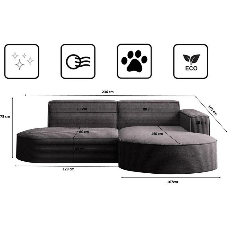 Kaiser Möbel Ecksofa Designer MODENA STUDIO L stoff Cord, Ecksofa, Cord Sofa, L-Form, Links/Rechts wählbar – Bild 2