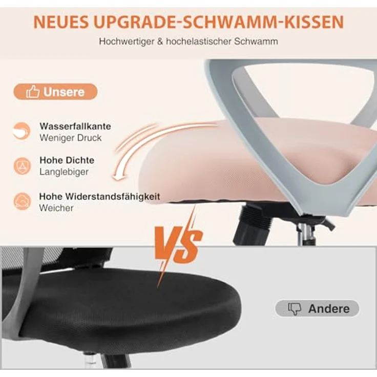 Sweetcrispy Bürostuhl Ergonomisch, Schreibtischstuhl mit Lendenwirbelstütze, Verstellbaren Armlehnen Drehstuhl, Höhenverstellbarer Office Chair, Bürostühle Geeignet für Büro und Schlafzimmer (Pink) – Bild 7